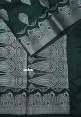 Deep Bottle Green - Durga - Banarasi Semi Dupion silk with Silver Zari Buttas and Border - Best for Function Wear