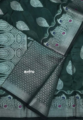 Deep Bottle Green - Durga - Banarasi Semi Dupion silk with Silver Zari Buttas and Border - Best for Function Wear