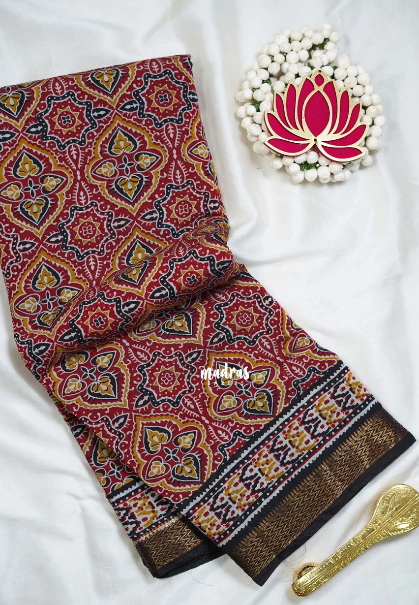 Dark Red - Semi Modal Silk with Bagru Prints and Soft Tissue Zari Border - Best for Regular Wear | Casual Wear