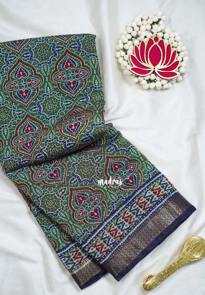 Sage Green - Semi Modal Silk with Bagru Prints and Soft Tissue Zari Border - Best for Regular Wear | Casual Wear