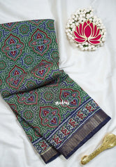 Sage Green - Semi Modal Silk with Bagru Prints and Soft Tissue Zari Border - Best for Regular Wear | Casual Wear