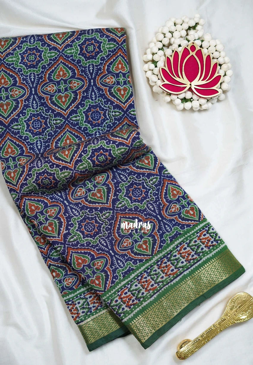 Indigo Blue - Semi Modal Silk with Bagru Prints and Soft Tissue Zari Border - Best for Regular Wear | Casual Wear