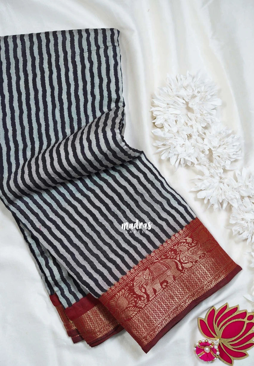 Jet Black - Semi Modal Silk with Stripes Prints and Soft Tissue Zari Border - Best for Regular Wear | Casual Wear