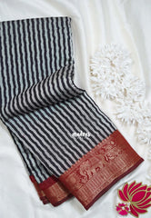 Jet Black - Semi Modal Silk with Stripes Prints and Soft Tissue Zari Border - Best for Regular Wear | Casual Wear