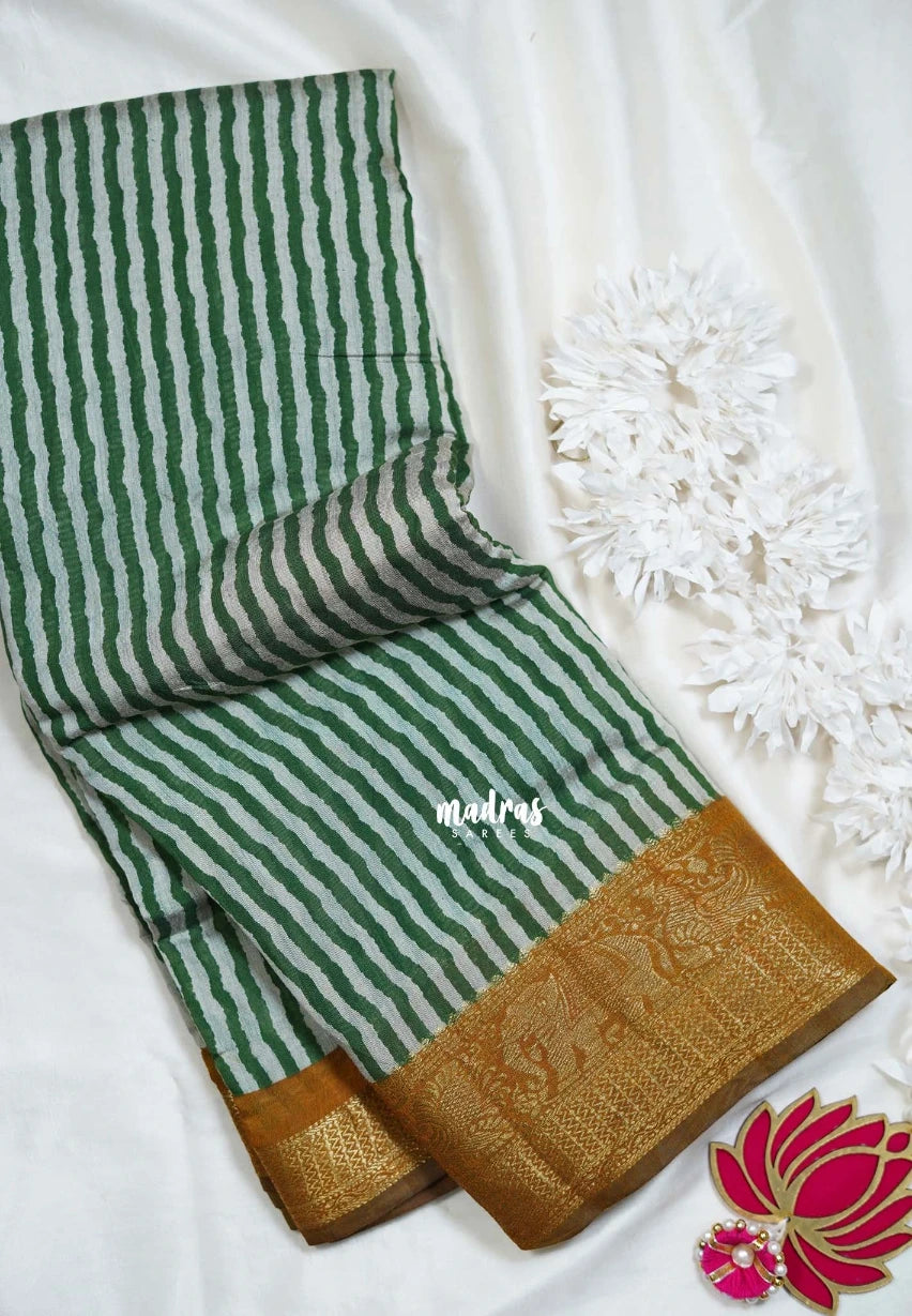 Classic Green - Semi Modal Silk with Stripes Prints and Soft Tissue Zari Border - Best for Regular Wear | Casual Wear