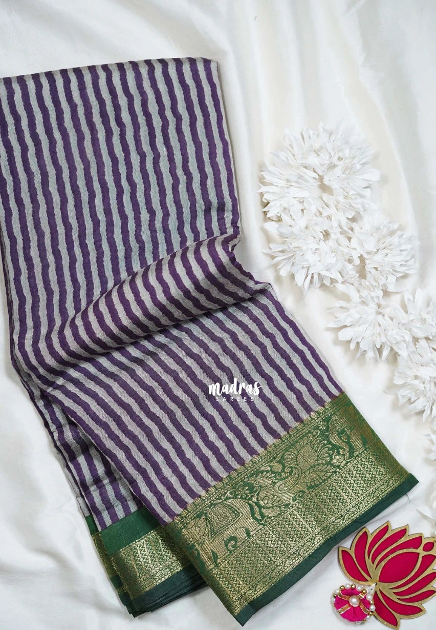 Purple Glow - Semi Modal Silk with Stripes Prints and Soft Tissue Zari Border - Best for Regular Wear | Casual Wear