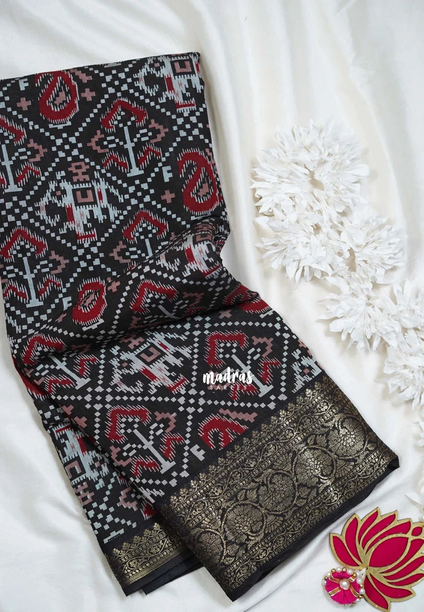 Dark Chocolate Brown - Semi Modal Silk with Bagru Prints and Soft Tissue Zari Border - Best for Regular Wear | Casual Wear