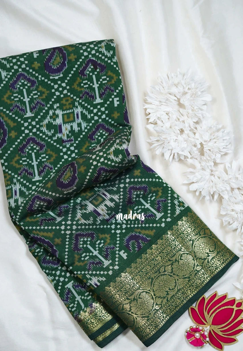 Classic Green - Semi Modal Silk with Bagru Prints and Soft Tissue Zari Border - Best for Regular Wear | Casual Wear