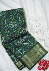 Classic Green - Semi Modal Silk with Bagru Prints and Soft Tissue Zari Border - Best for Regular Wear | Casual Wear