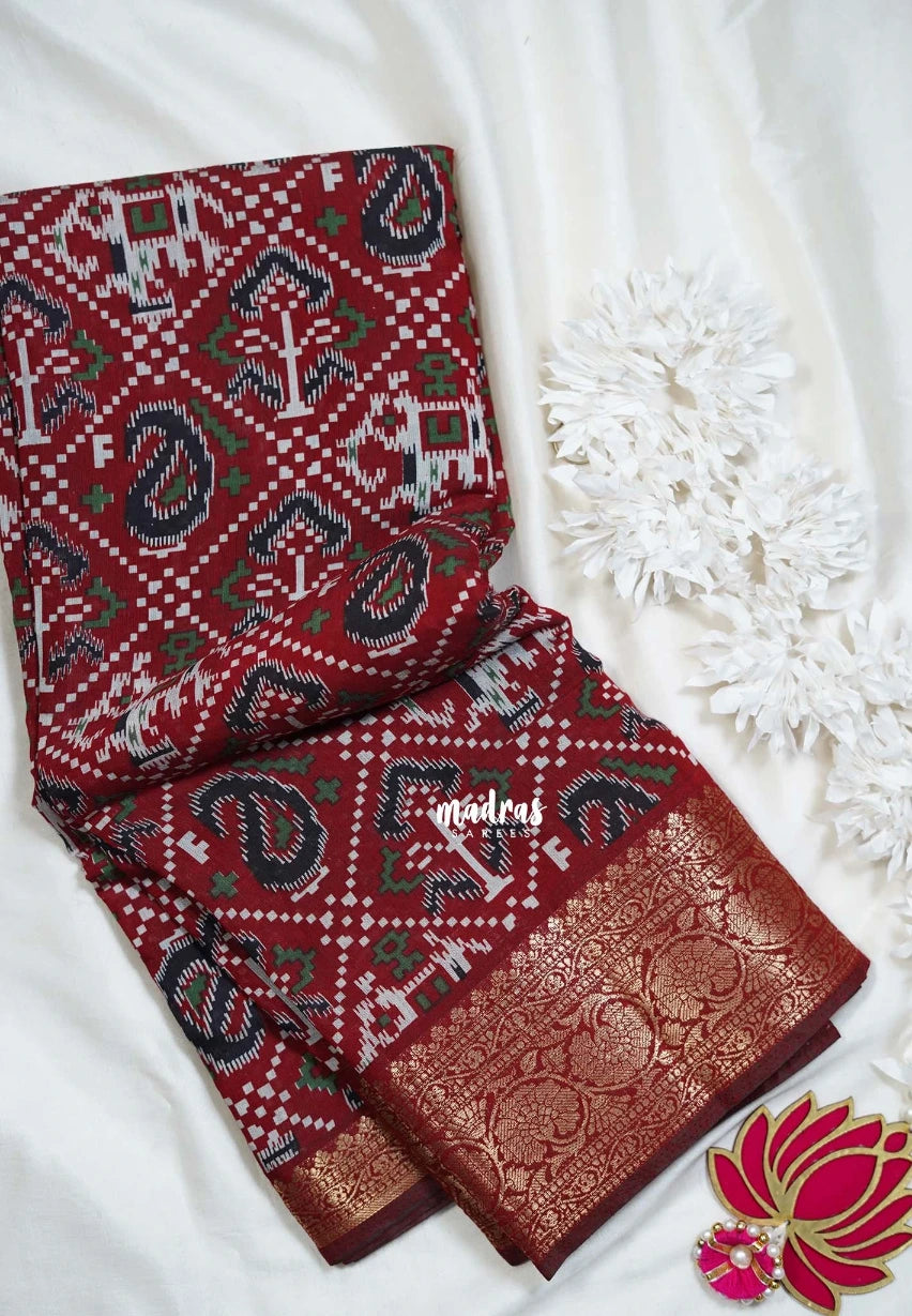 Reddish Maroon - Semi Modal Silk with Bagru Prints and Soft Tissue Zari Border - Best for Regular Wear | Casual Wear