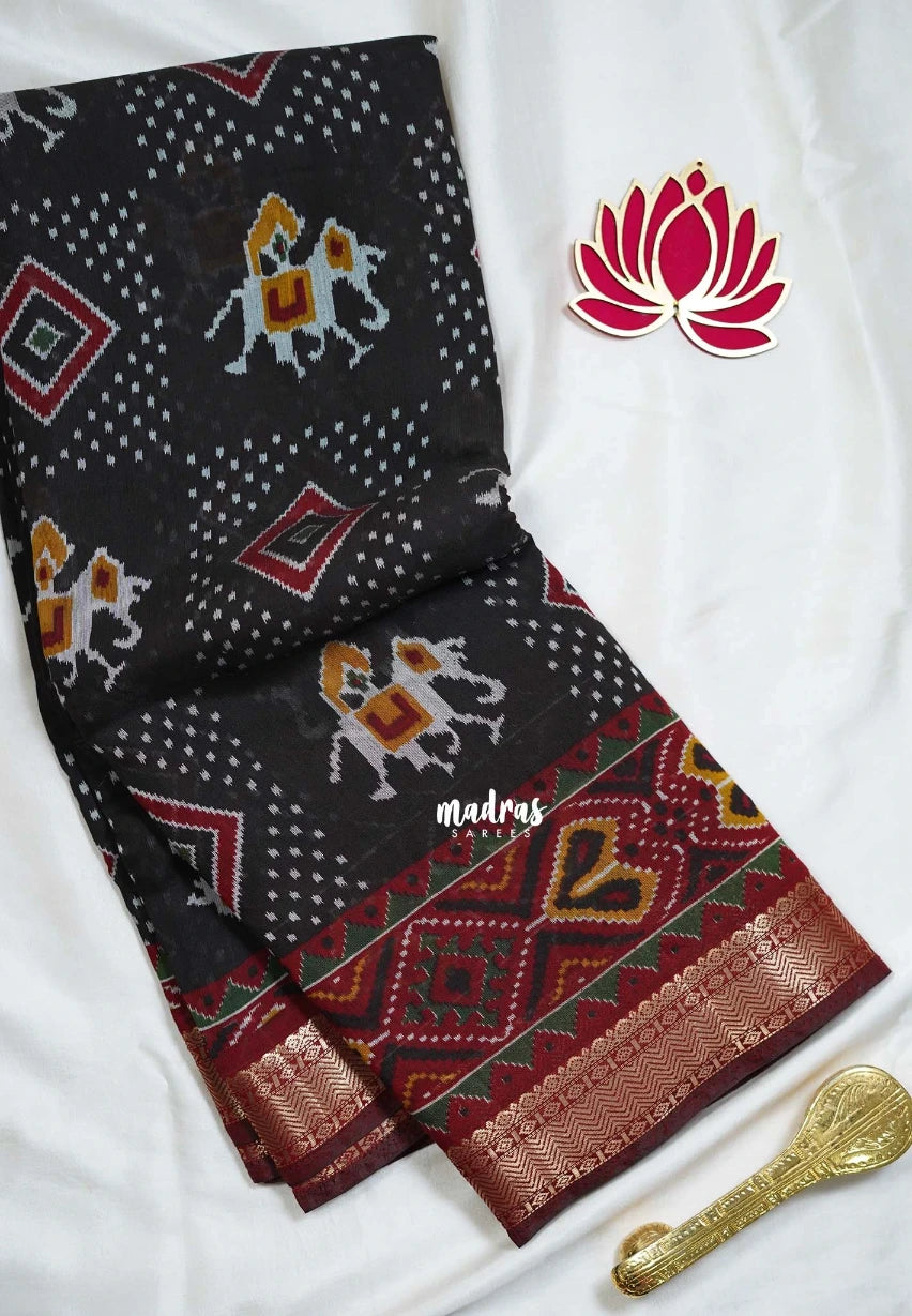 Classic Black - Semi Modal Silk with Bagru Prints and Soft Tissue Zari Border - Best for Regular Wear | Casual Wear
