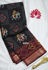 Classic Black - Semi Modal Silk with Bagru Prints and Soft Tissue Zari Border - Best for Regular Wear | Casual Wear