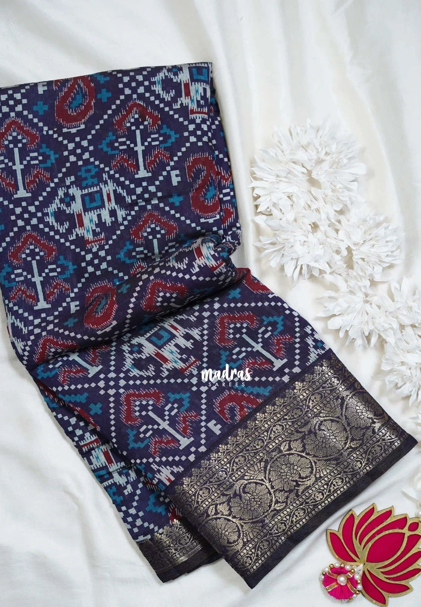 Indigo Blue - Semi Modal Silk with Bagru Prints and Soft Tissue Zari Border - Best for Regular Wear | Casual Wear