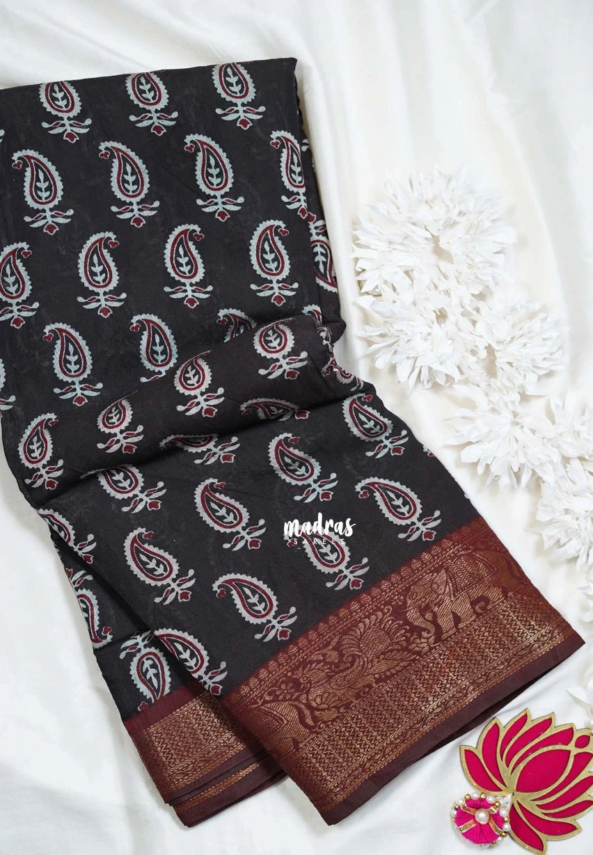 Dark Chocolate Brown with Maroon - Semi Modal Silk with Bagru Prints and Soft Tissue Zari Border - Best for Regular Wear | Casual Wear