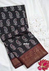 Dark Chocolate Brown with Maroon - Semi Modal Silk with Bagru Prints and Soft Tissue Zari Border - Best for Regular Wear | Casual Wear