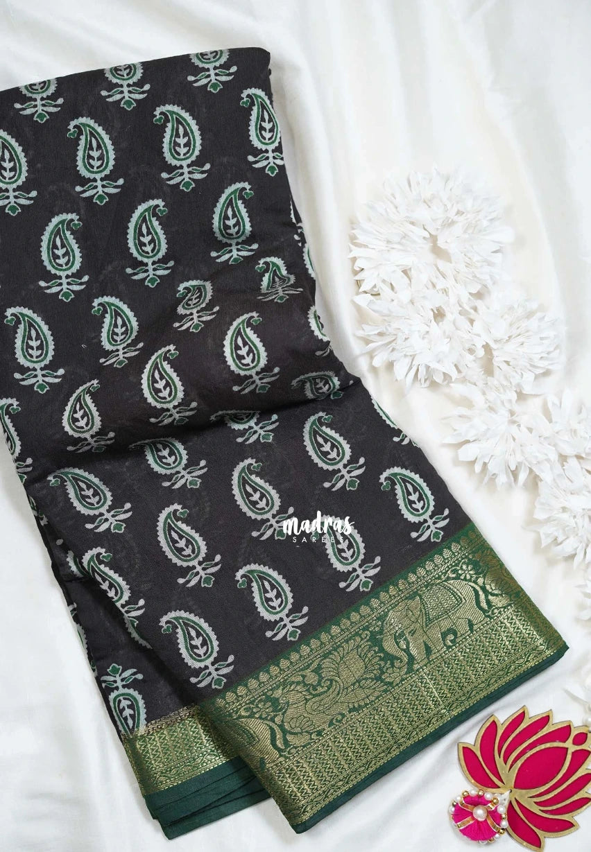 Dark Chocolate Brown with Green - Semi Modal Silk with Bagru Prints and Soft Tissue Zari Border - Best for Regular Wear | Casual Wear