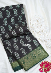 Dark Chocolate Brown with Green - Semi Modal Silk with Bagru Prints and Soft Tissue Zari Border - Best for Regular Wear | Casual Wear