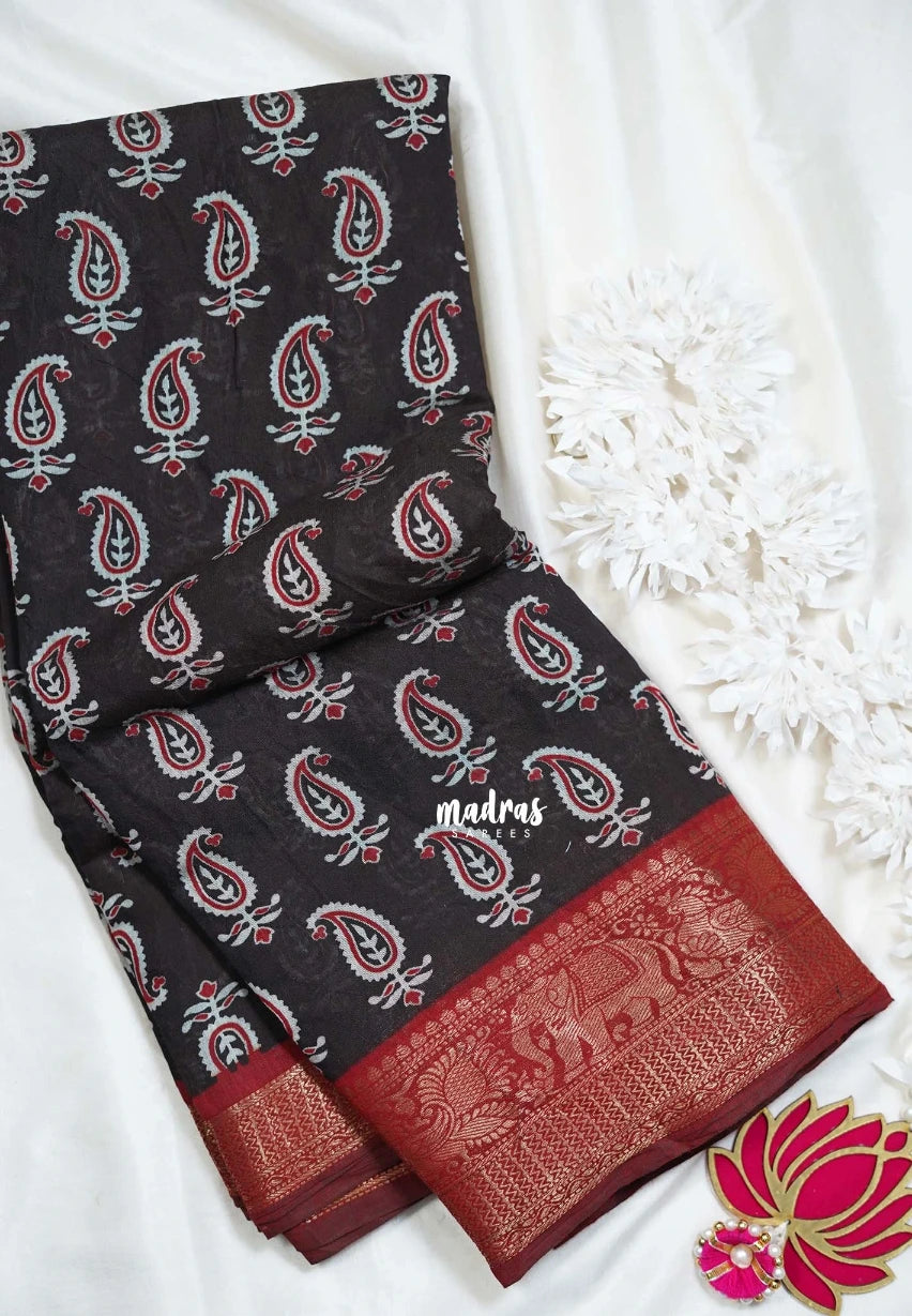 Dark Chocolate Brown with Dark Red - Semi Modal Silk with Bagru Prints and Soft Tissue Zari Border - Best for Regular Wear | Casual Wear