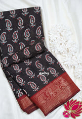 Dark Chocolate Brown with Dark Red - Semi Modal Silk with Bagru Prints and Soft Tissue Zari Border - Best for Regular Wear | Casual Wear