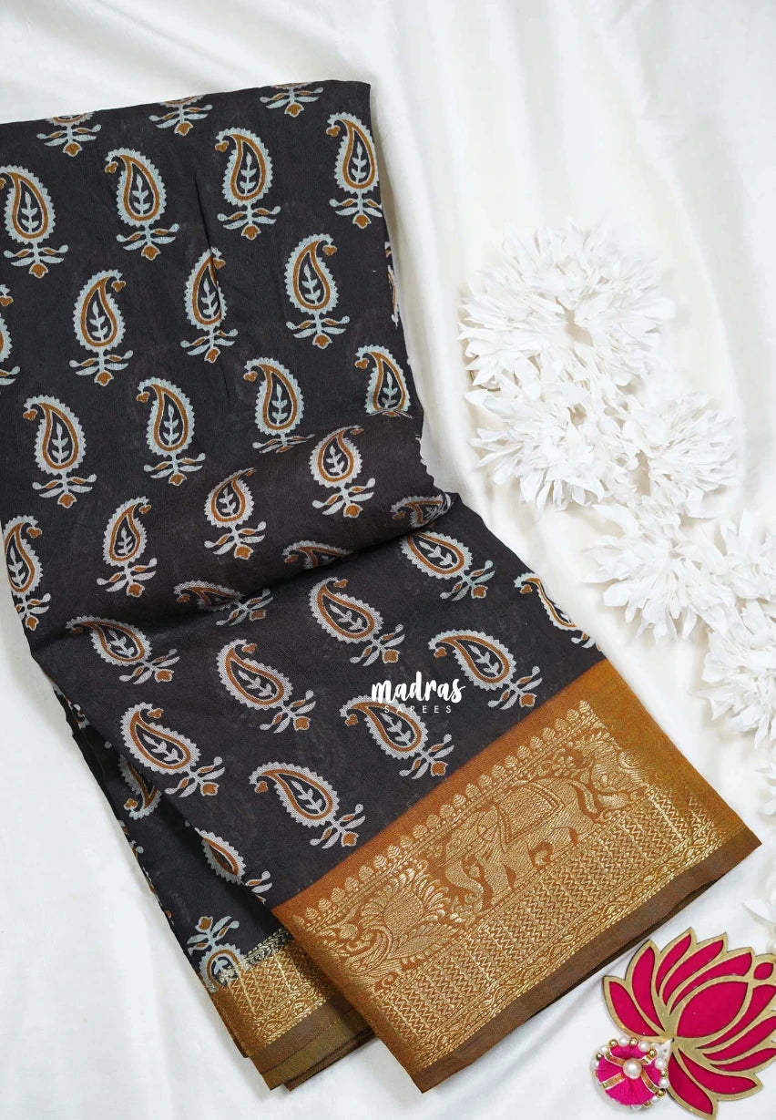 Dark Chocolate Brown with Mustard - Semi Modal Silk with Bagru Prints and Soft Tissue Zari Border - Best for Regular Wear | Casual Wear
