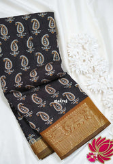 Dark Chocolate Brown with Mustard - Semi Modal Silk with Bagru Prints and Soft Tissue Zari Border - Best for Regular Wear | Casual Wear