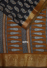 Dark Chocolate Brown with Mustard - Semi Modal Silk with Bagru Prints and Soft Tissue Zari Border - Best for Regular Wear | Casual Wear