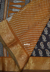 Dark Chocolate Brown with Mustard - Semi Modal Silk with Bagru Prints and Soft Tissue Zari Border - Best for Regular Wear | Casual Wear