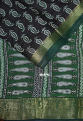 Dark Chocolate Brown with Green - Semi Modal Silk with Bagru Prints and Soft Tissue Zari Border - Best for Regular Wear | Casual Wear