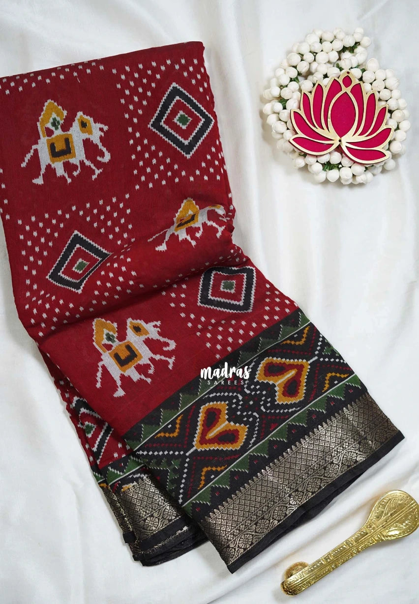 Reddish Maroon - Semi Modal Silk with Bagru Prints and Soft Tissue Zari Border - Best for Regular Wear | Casual Wear
