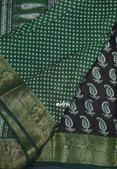 Dark Chocolate Brown with Green - Semi Modal Silk with Bagru Prints and Soft Tissue Zari Border - Best for Regular Wear | Casual Wear