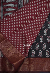 Dark Chocolate Brown with Maroon - Semi Modal Silk with Bagru Prints and Soft Tissue Zari Border - Best for Regular Wear | Casual Wear
