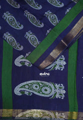 Indigo Blue - Semi Modal Silk with Bagru Prints and Soft Tissue Zari Border - Best for Regular Wear | Casual Wear