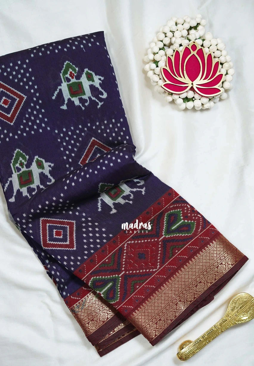 Navy Blue - Semi Modal Silk with Bagru Prints and Soft Tissue Zari Border - Best for Regular Wear | Casual Wear