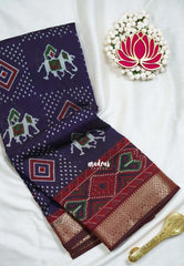 Navy Blue - Semi Modal Silk with Bagru Prints and Soft Tissue Zari Border - Best for Regular Wear | Casual Wear