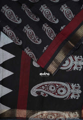 Ebony Black - Semi Modal Silk with Bagru Prints and Soft Tissue Zari Border - Best for Regular Wear | Casual Wear