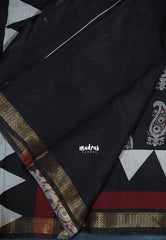 Ebony Black - Semi Modal Silk with Bagru Prints and Soft Tissue Zari Border - Best for Regular Wear | Casual Wear