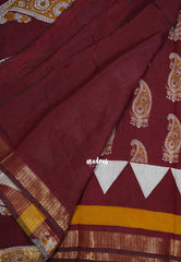 Majestic Maroon - Semi Modal Silk with Bagru Prints and Soft Tissue Zari Border - Best for Regular Wear | Casual Wear