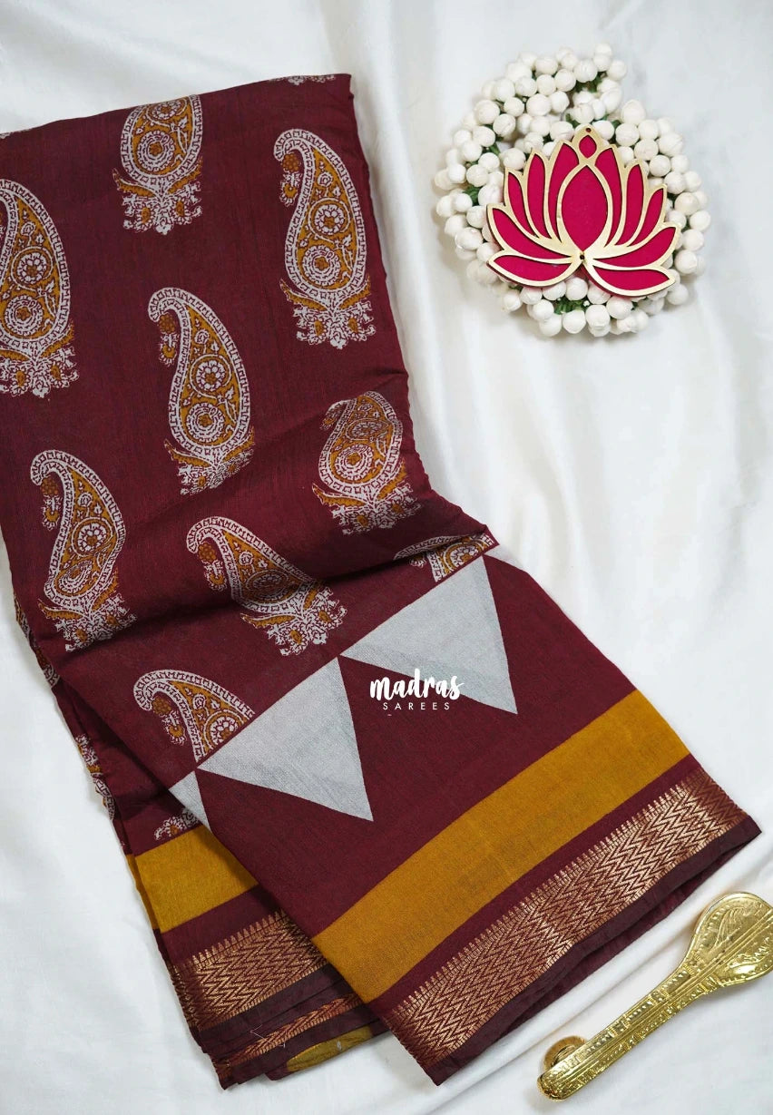 Majestic Maroon - Semi Modal Silk with Bagru Prints and Soft Tissue Zari Border - Best for Regular Wear | Casual Wear