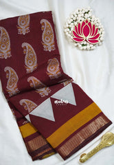 Majestic Maroon - Semi Modal Silk with Bagru Prints and Soft Tissue Zari Border - Best for Regular Wear | Casual Wear