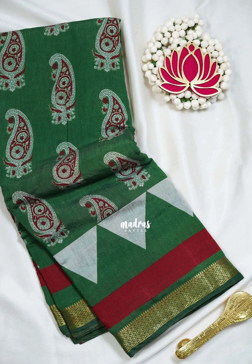 Classic Green - Semi Modal Silk with Bagru Prints and Soft Tissue Zari Border - Best for Regular Wear | Casual Wear
