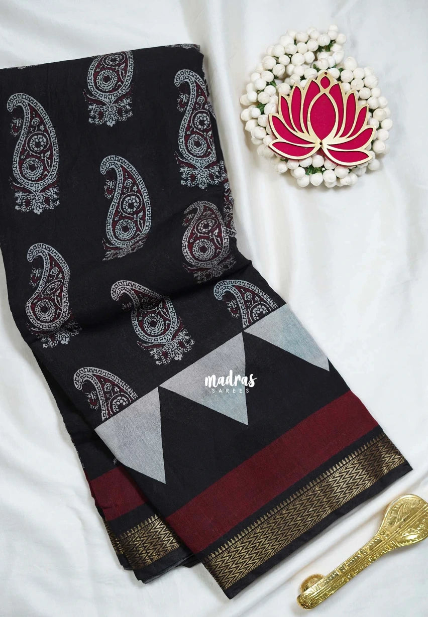 Ebony Black - Semi Modal Silk with Bagru Prints and Soft Tissue Zari Border - Best for Regular Wear | Casual Wear