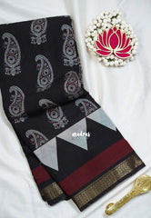 Ebony Black - Semi Modal Silk with Bagru Prints and Soft Tissue Zari Border - Best for Regular Wear | Casual Wear