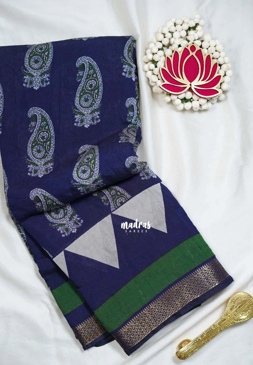 Indigo Blue - Semi Modal Silk with Bagru Prints and Soft Tissue Zari Border - Best for Regular Wear | Casual Wear