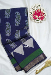 Indigo Blue - Semi Modal Silk with Bagru Prints and Soft Tissue Zari Border - Best for Regular Wear | Casual Wear