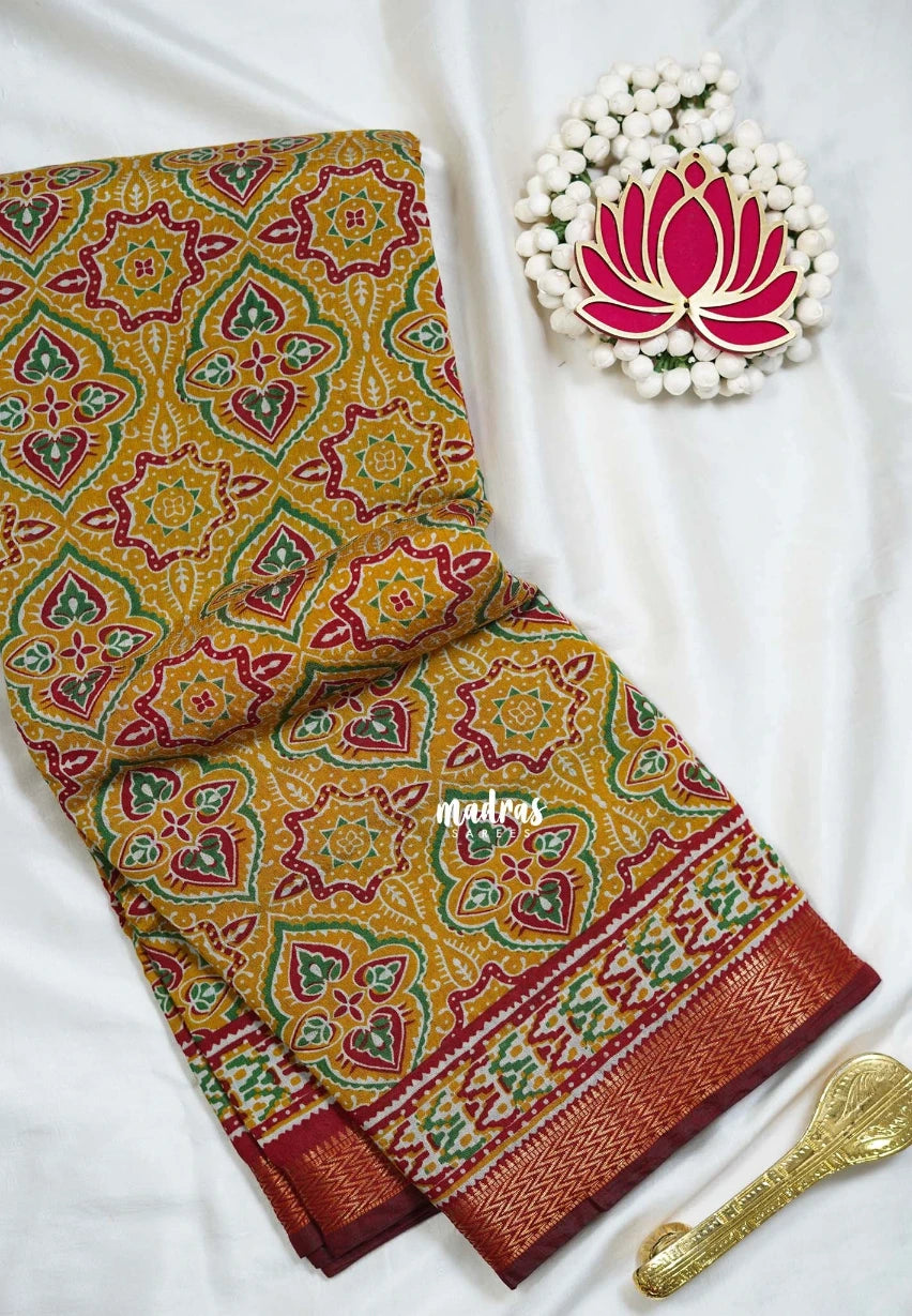 Mustard Yellow - Semi Modal Silk with Bagru Prints and Soft Tissue Zari Border - Best for Regular Wear | Casual Wear