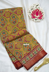 Mustard Yellow - Semi Modal Silk with Bagru Prints and Soft Tissue Zari Border - Best for Regular Wear | Casual Wear
