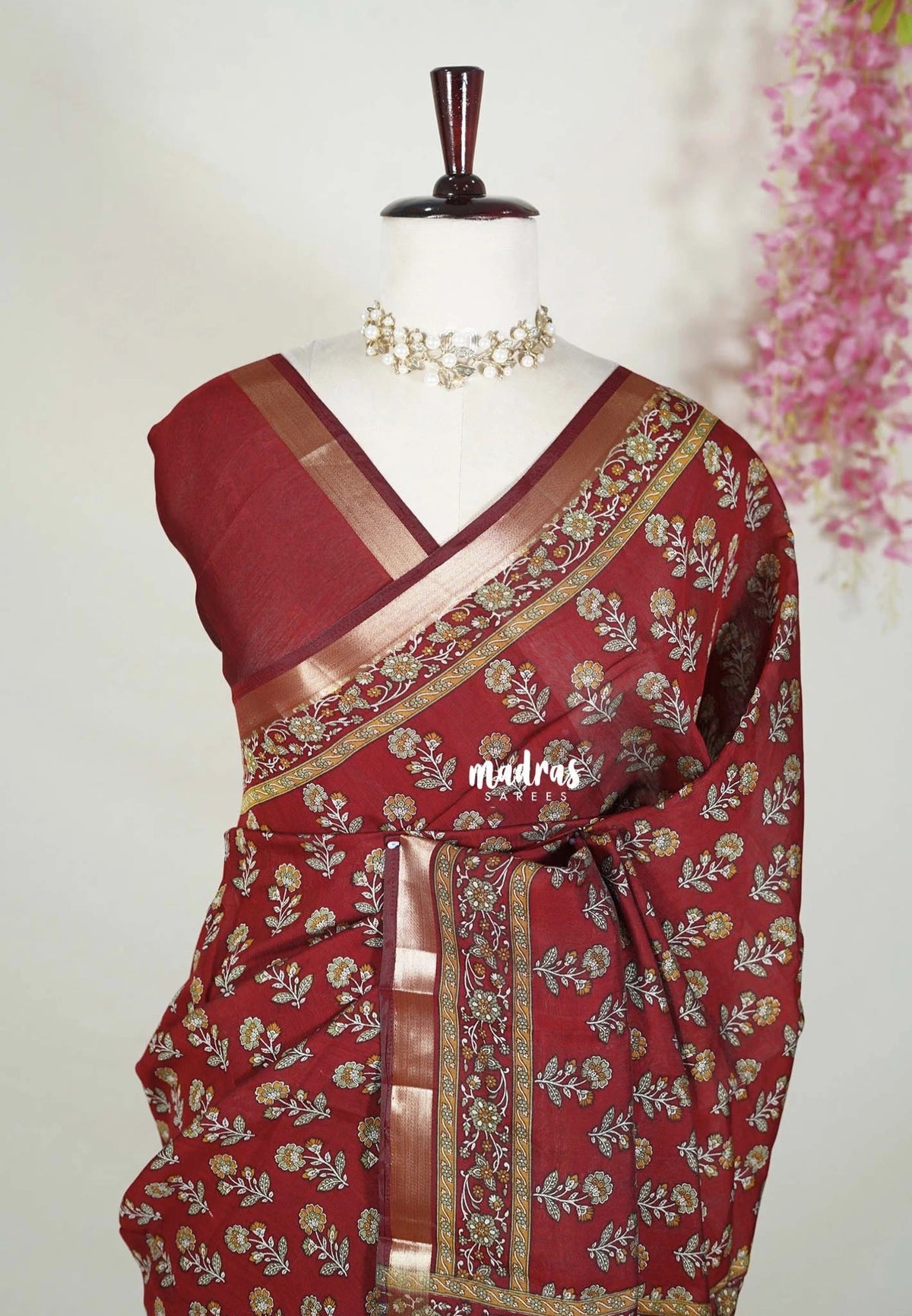Reddish Maroon - Semi Modal Silk with Floral Prints and Soft Tissue Zari Border - Best for Regular Wear | Casual Wear