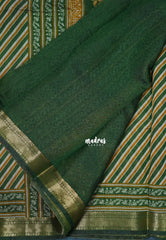Classic Green - Semi Modal Silk with Diagonal Stripes and Ajrakh Prints Pallu - Best for Regular Wear | Casual Wear
