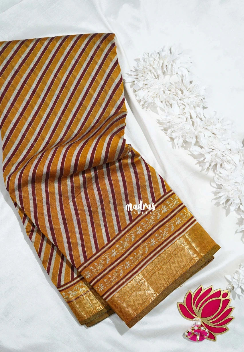 Mustard Yellow - Semi Modal Silk with Diagonal Stripes and Ajrakh Prints Pallu - Best for Regular Wear | Casual Wear