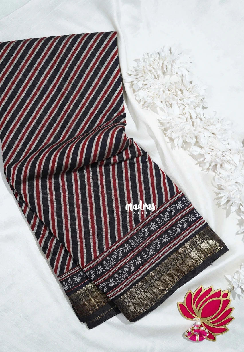 Jet Black - Semi Modal Silk with Diagonal Stripes and Ajrakh Prints Pallu - Best for Regular Wear | Casual Wear